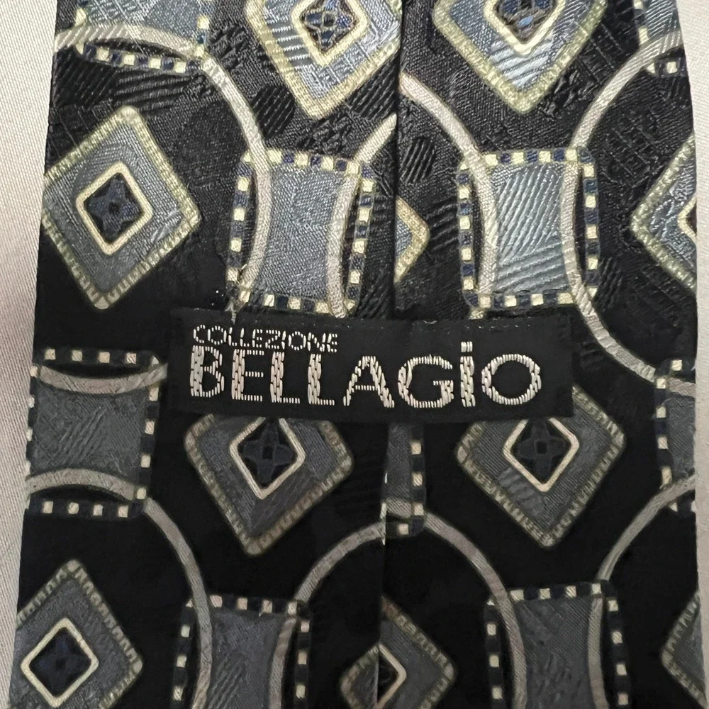 Bellagio Collezioni‎ Black Geometric Diamond Silk Necktie Italian Hand Crafted